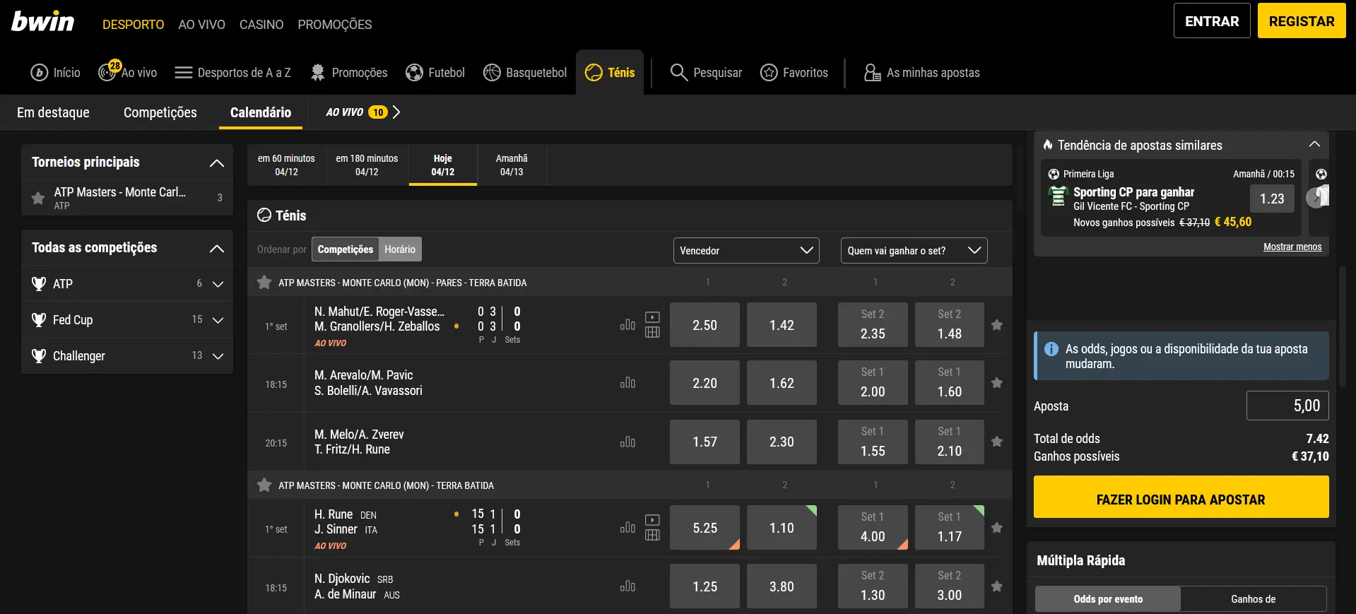Apostas desportivas na Bwin