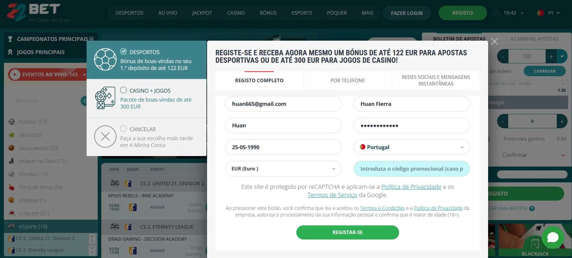 Inscrição por correio no 22Bet