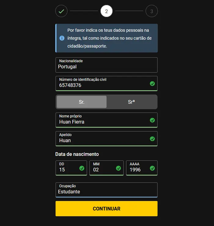 Registar-se em Bwin - Passo 2