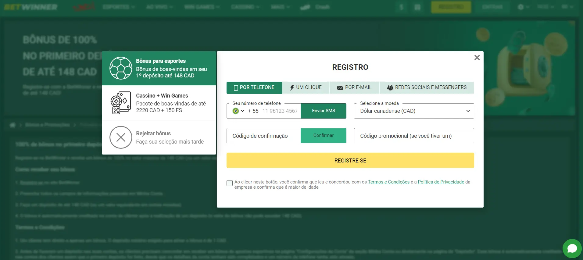 Registo por telefone
