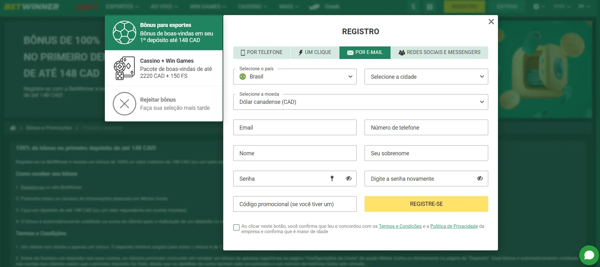 Registo por correio electrónico