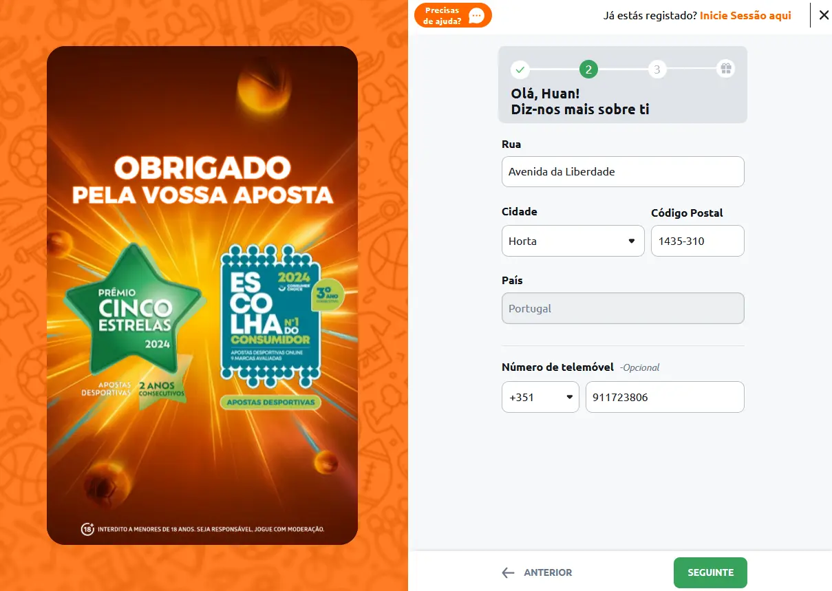 Registo Betano - Passo 2