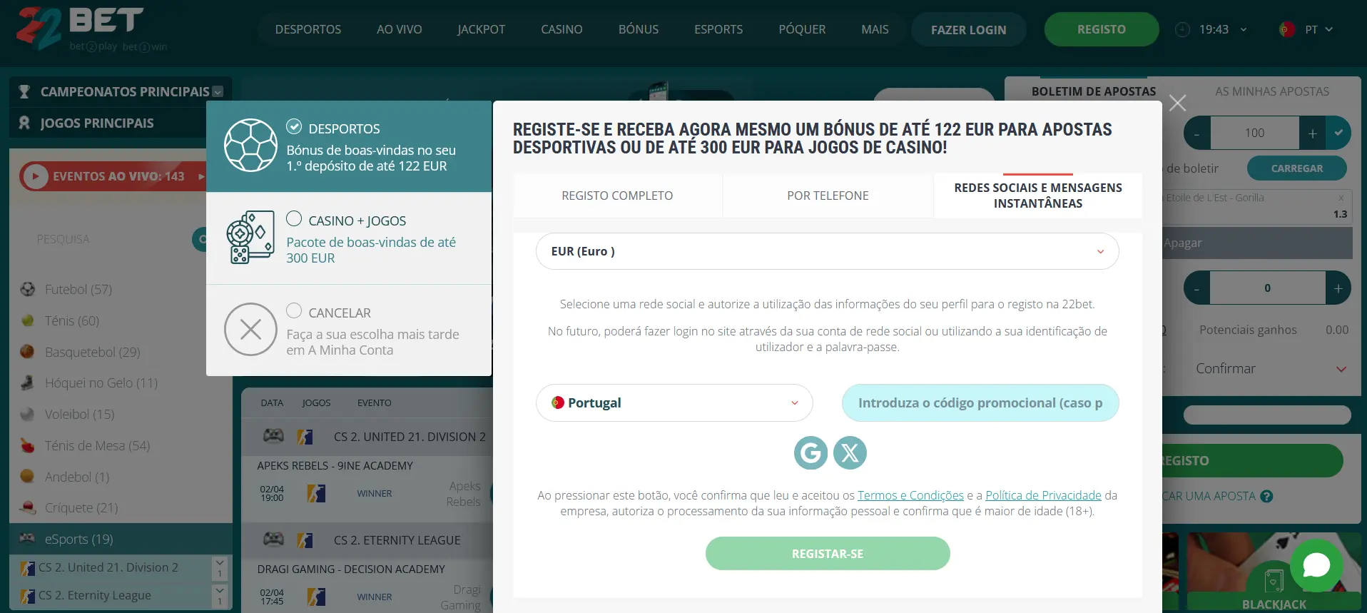 Registo com um clique no 22Bet