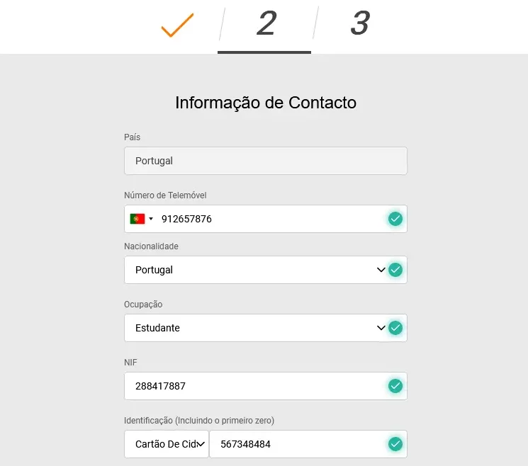 Registo em Betway - Passo 2