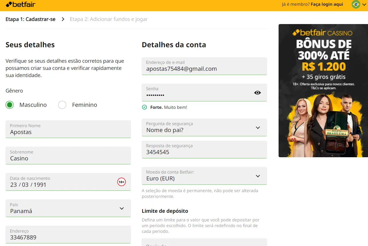 Registo no Casino Betfair