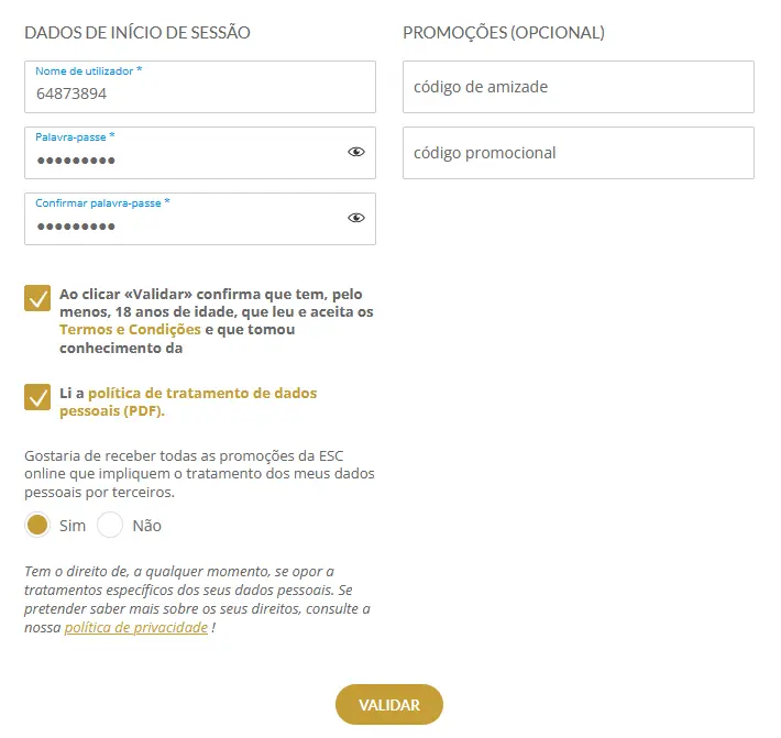 Registo no ESC