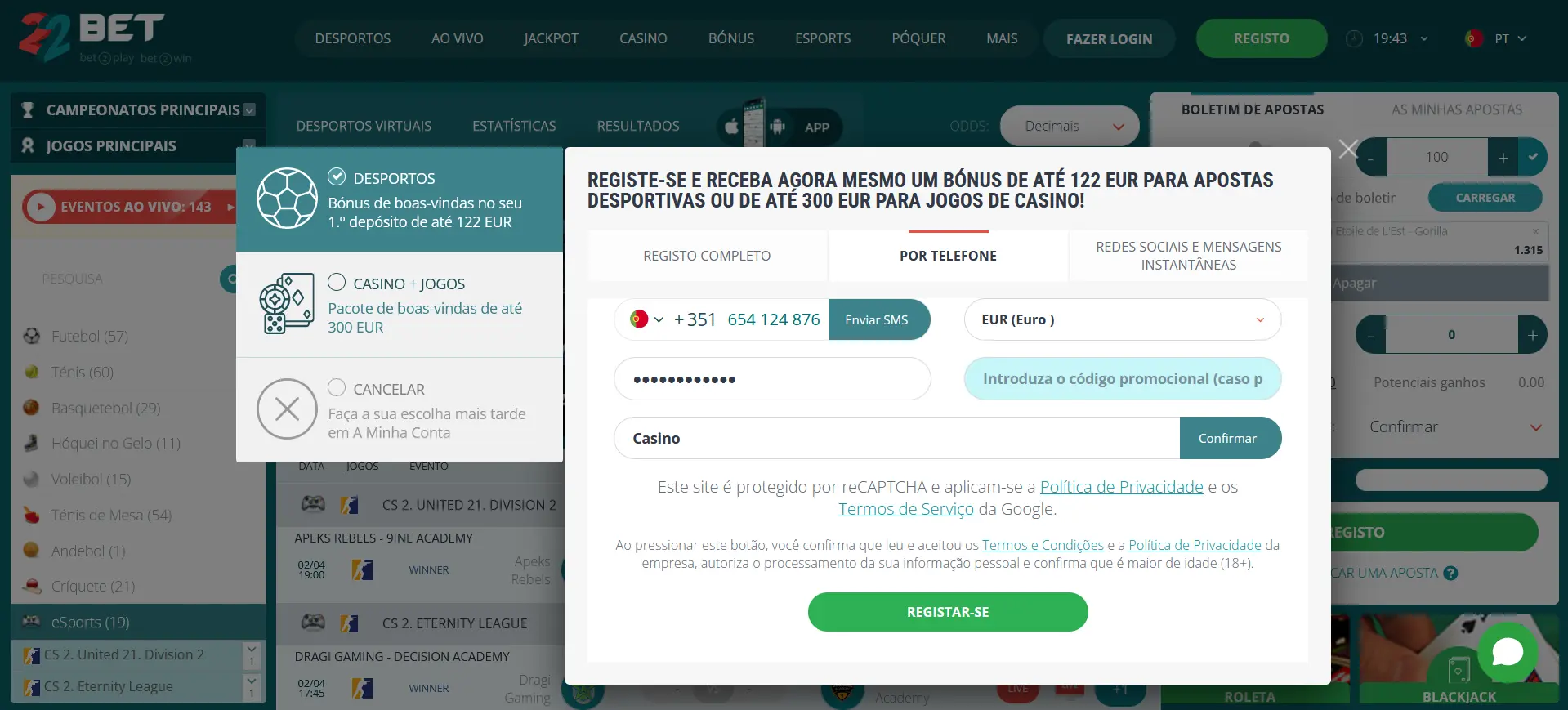Registo por número de telefone no 22Bet