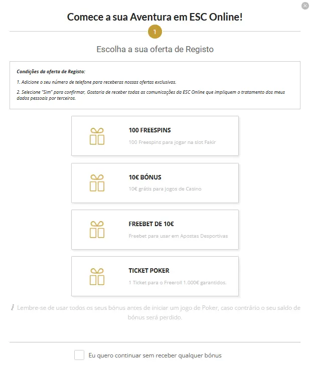 Seleção de um bónus no ESC