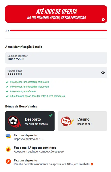 Registo Betclic - Etapa 3