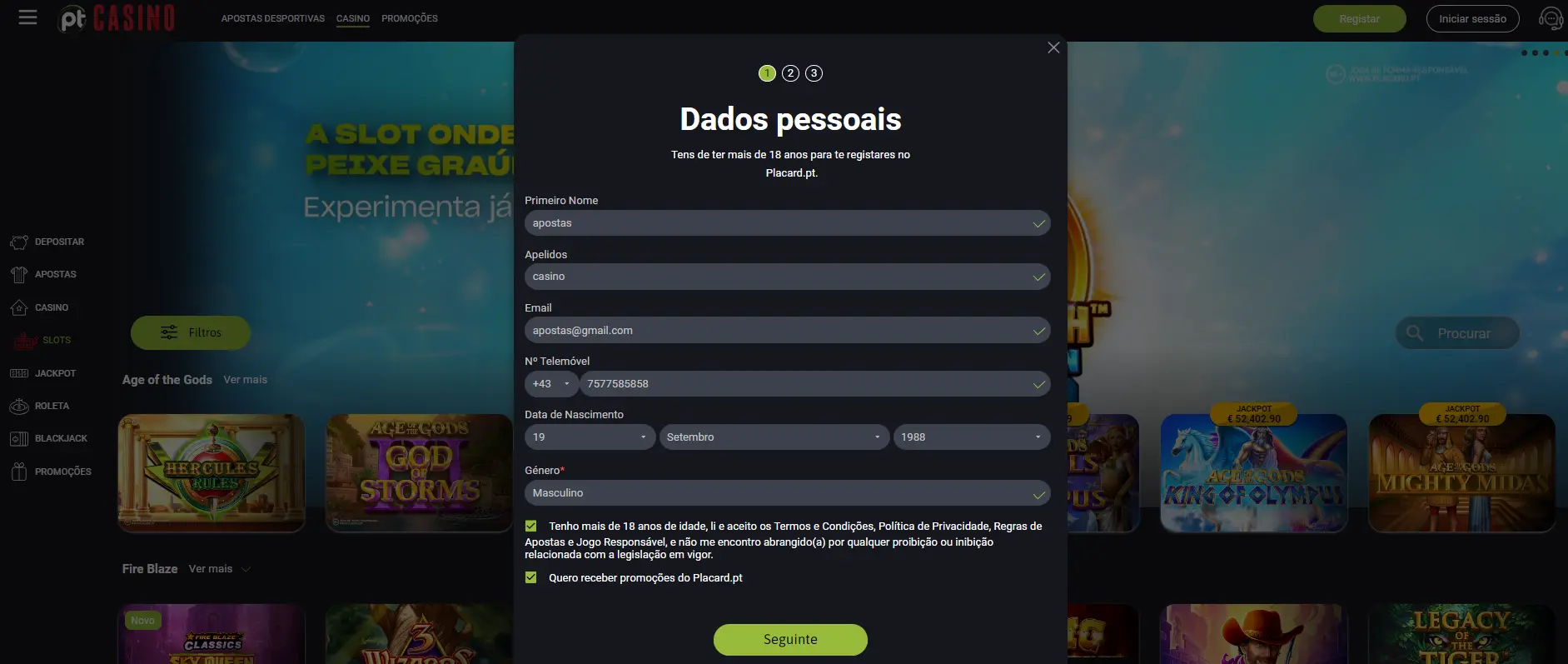 Registo com Placard - Passo 1