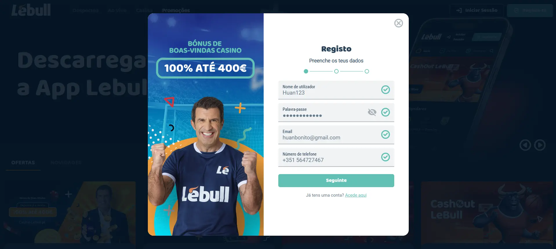 Registo na Lebull - Etapa 1