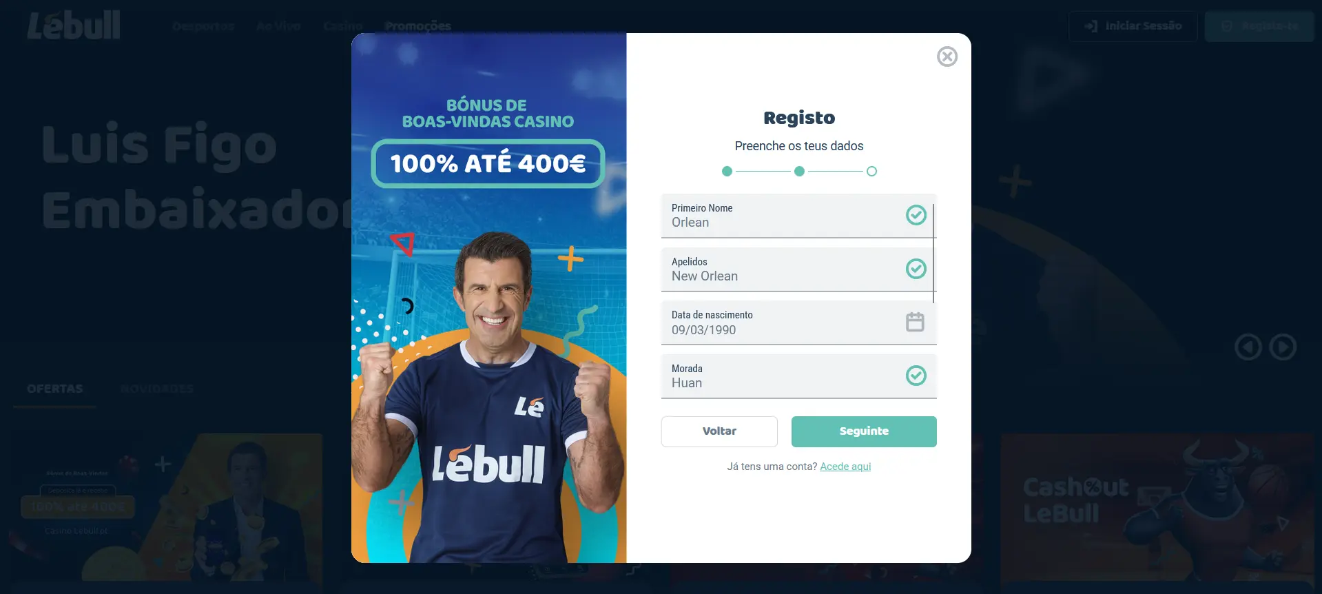 Registo na Lebull - Etapa 2