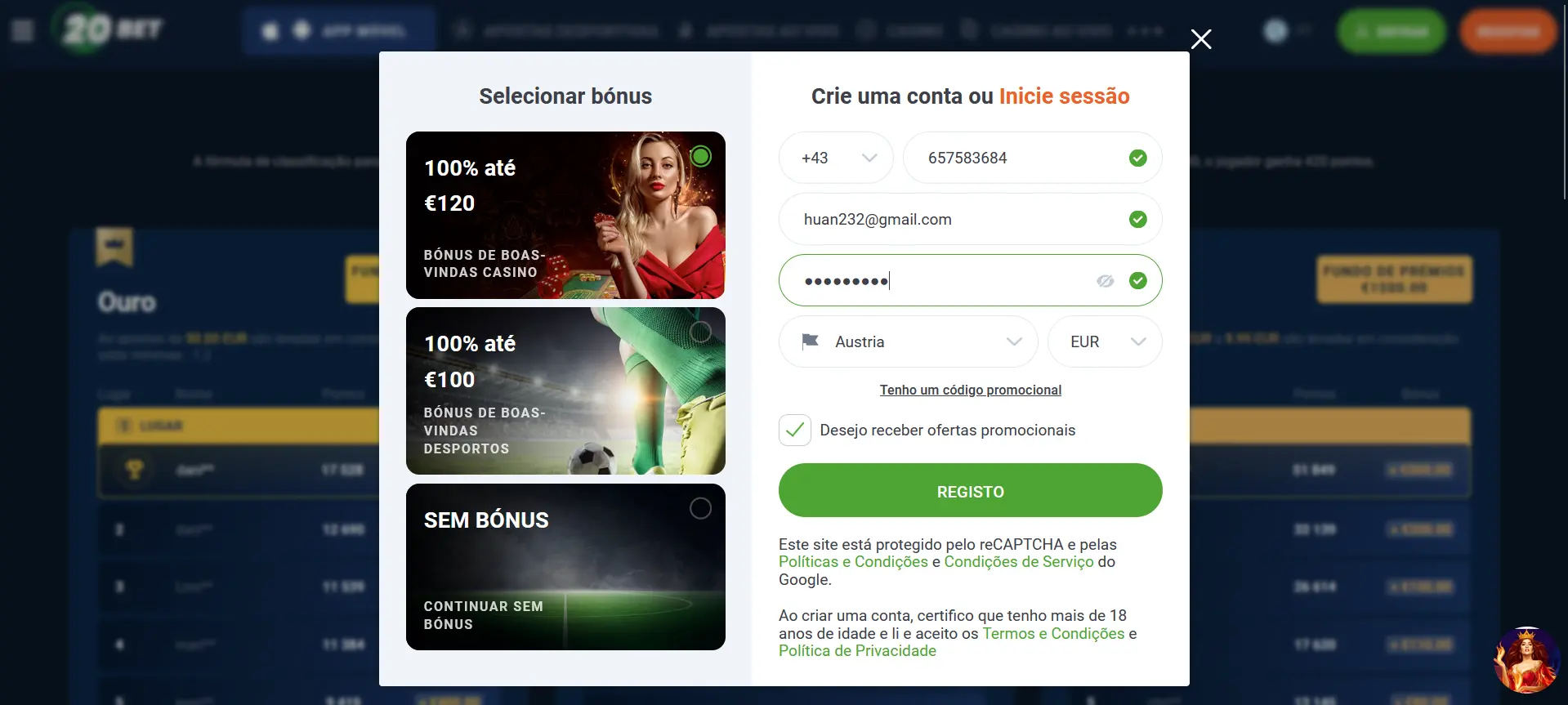Registo no 20Bet