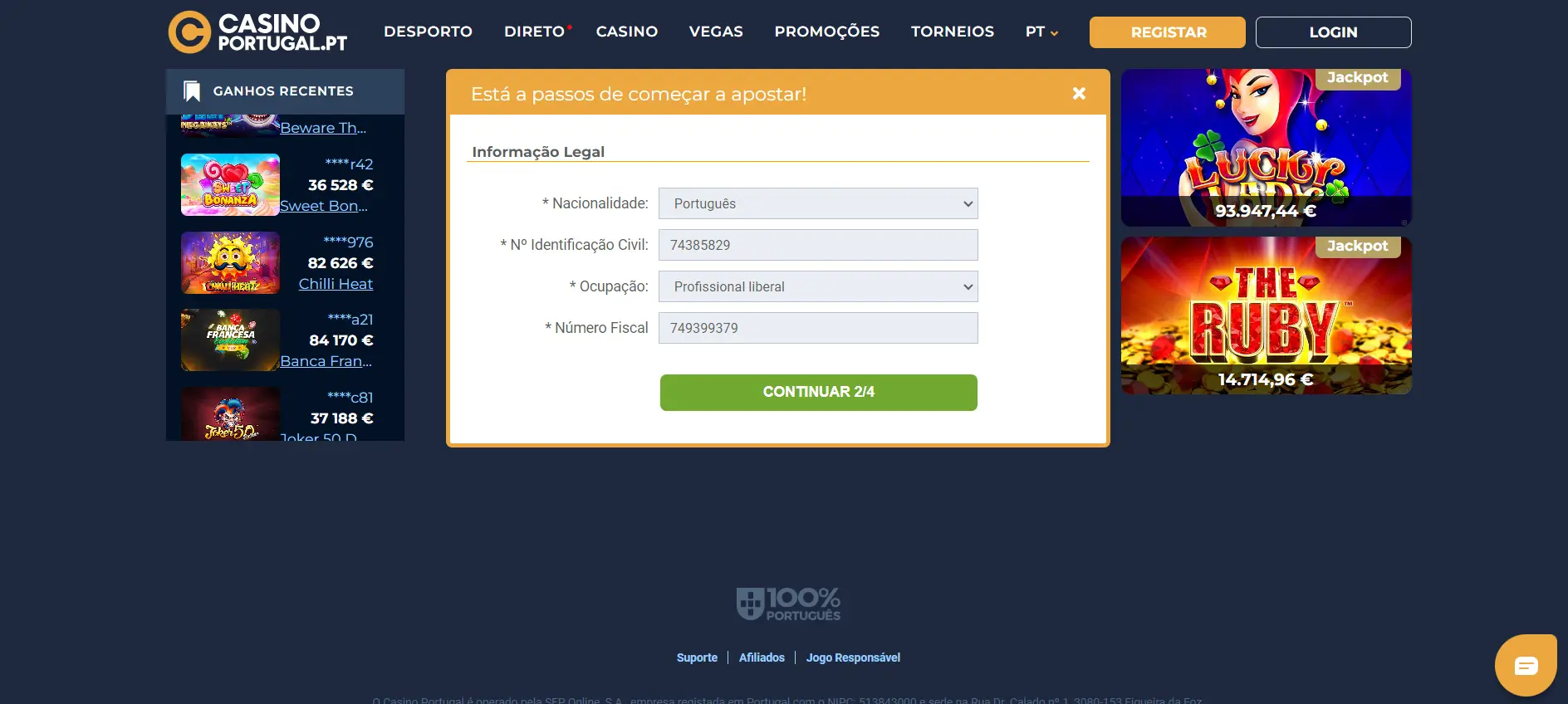 Registo no Casino Portugal - Passo 2