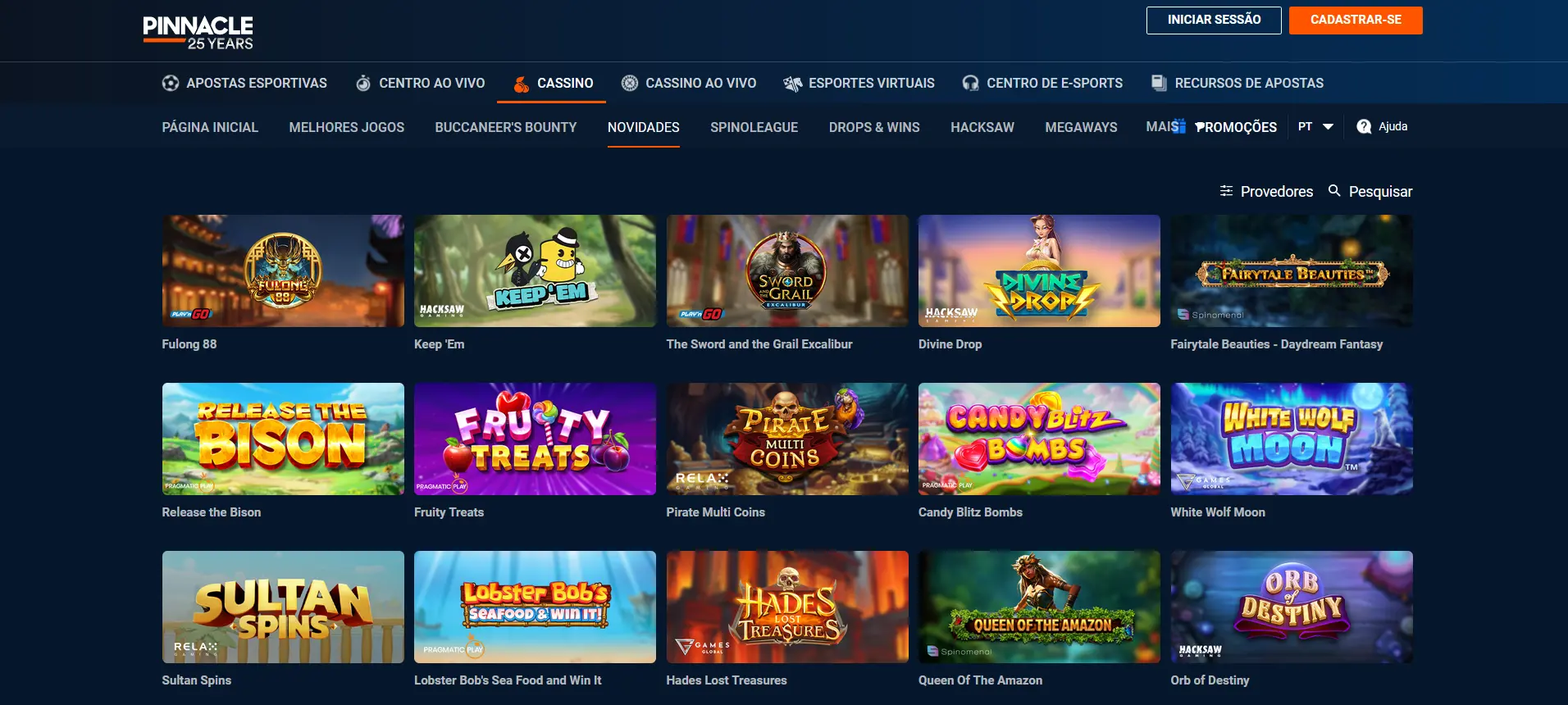 Variedade de slots na Pinnacle
