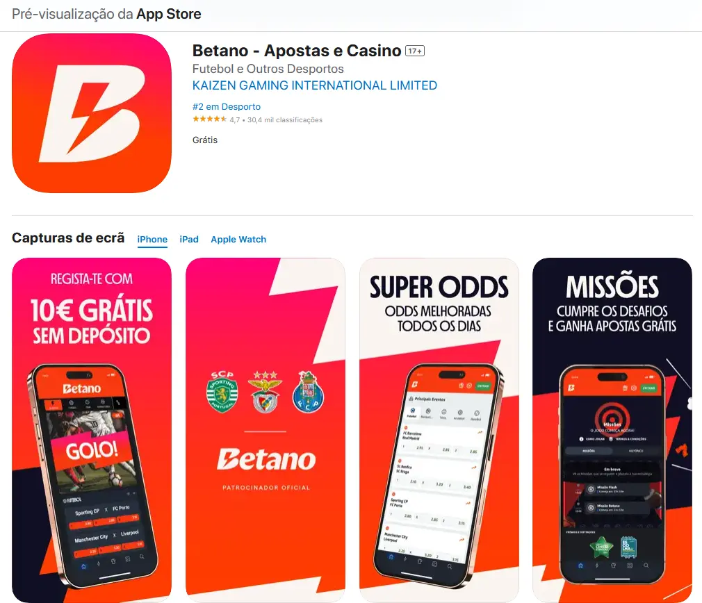 Aplicação móvel Betano para iPhone