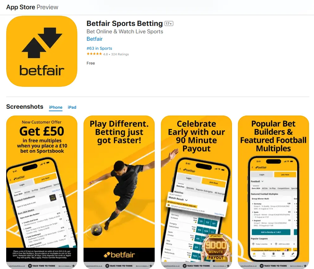 Aplicação móvel Betfair para iOS