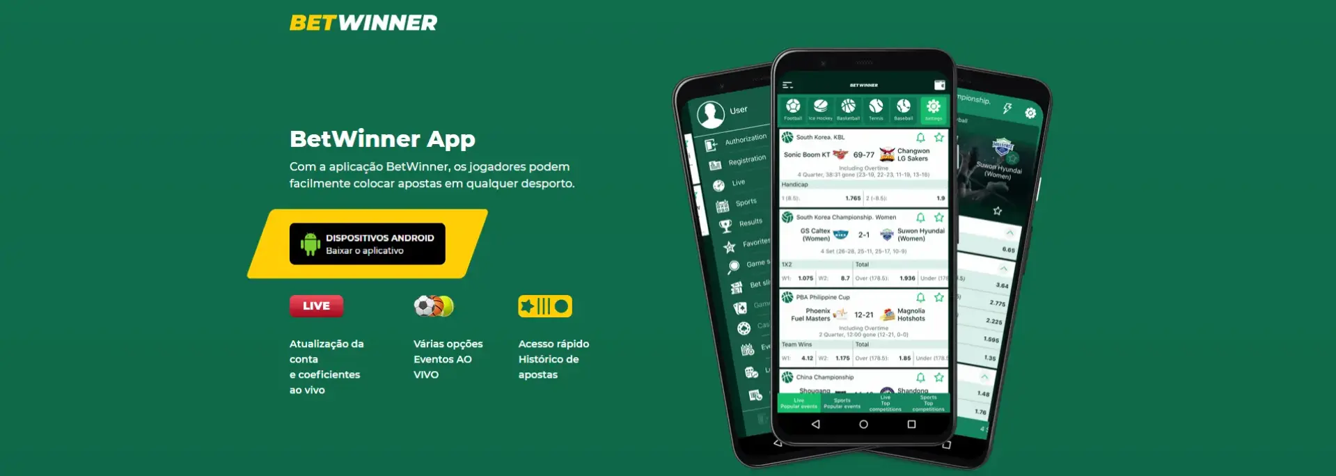 Aplicação móvel Betwinner para Android