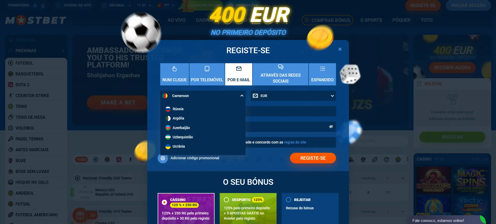 Inscrição por e-mail na Mostbet