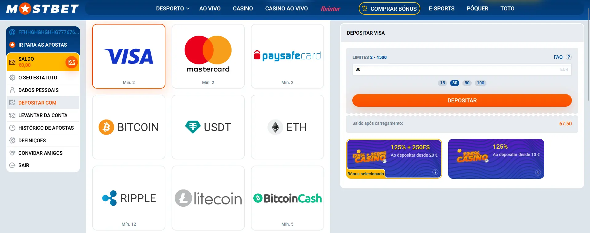 Métodos de depósito e levantamento na Mostbet