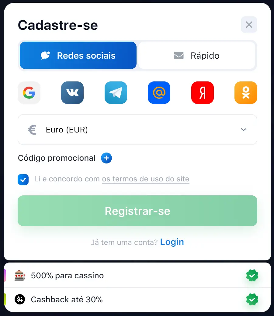 Registo na 1Win