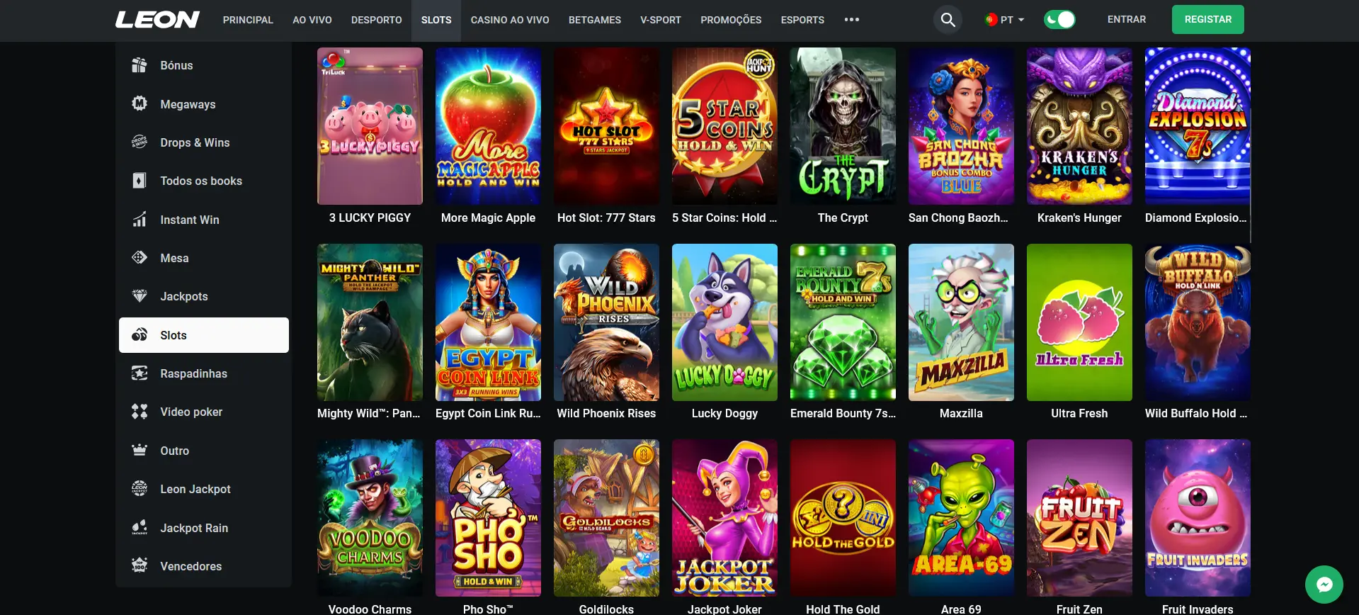 Variedade de slots no Leon